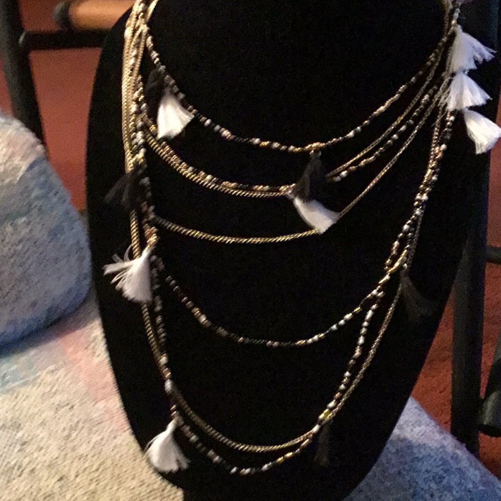 22” BLACK GOLD WHITE 6 LAYER NECKLACE w/ *TASSELS*